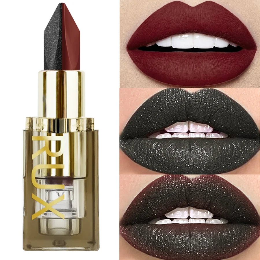 1PC Glitter Waterproof Two-tone Lipstick Matte Non-stick Pearlescent Diamond Lip Tint Red Black Brown Lips Makeup for Women Cosm