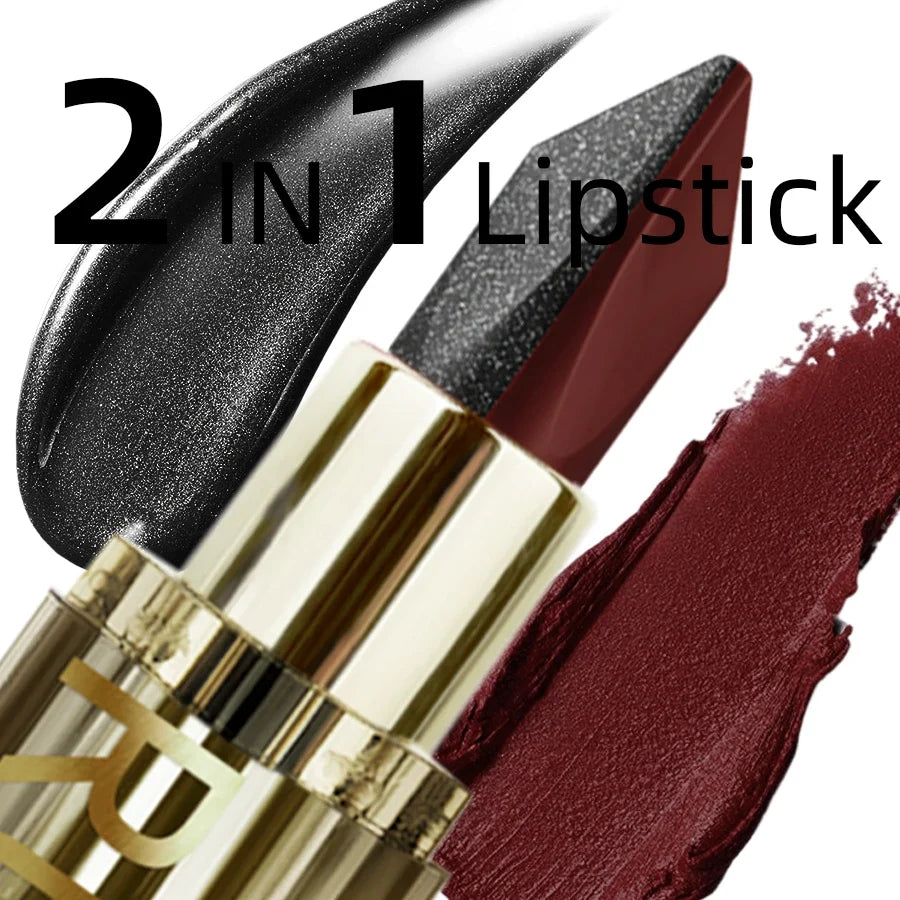 1PC Glitter Waterproof Two-tone Lipstick Matte Non-stick Pearlescent Diamond Lip Tint Red Black Brown Lips Makeup for Women Cosm